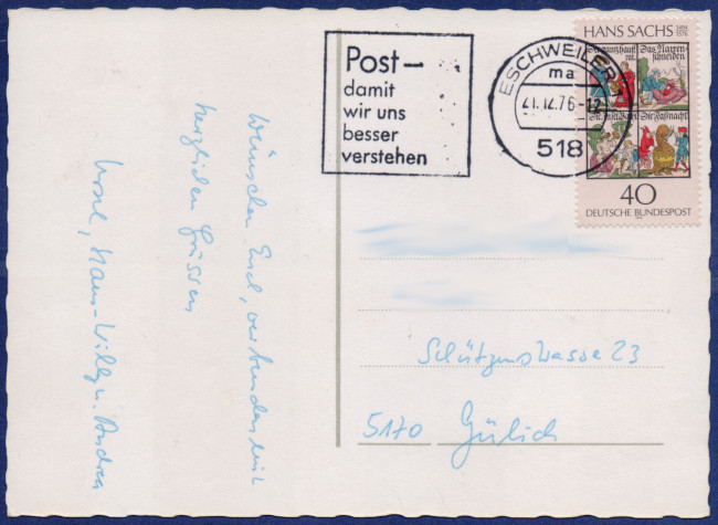 Portogerechte Nutzung der Briefmarke auf einer Grusskarte am 21.12.1976.