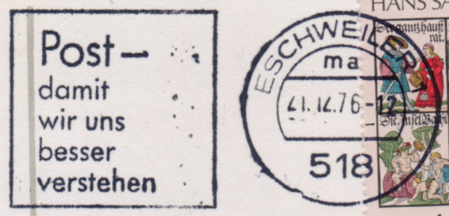 Maschinenstempel mit Werbung links und Kreisstempel mit Stegsegment oben mit dreistelliger Postleitzahl.
