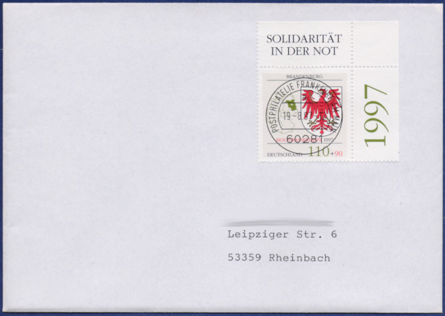 Hochwasserhilfe Brandenburg auf einem vermeintlichen Ersttagsbrief mit dem Postphilatelie Stempel von Frankfurt/Main.