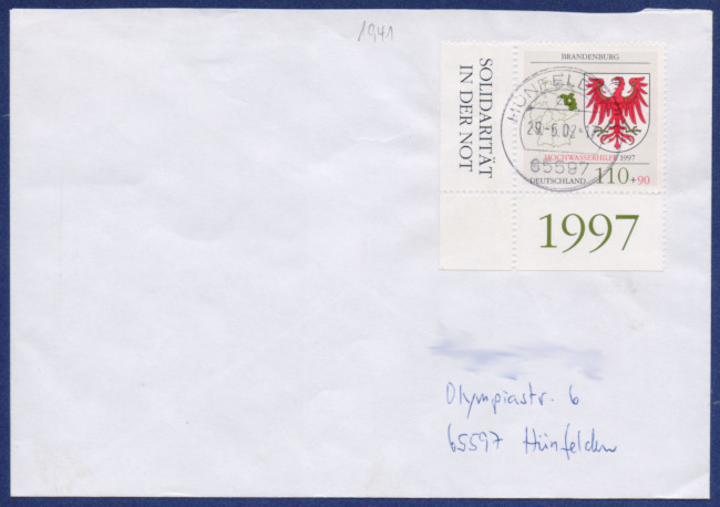 Portogerechte Einzelfrankatur auf einem Ortsbrief am 29.06.2002, dem vorletzten Verwendungstag der Briefmarke.