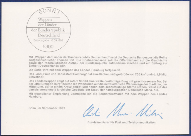 Unterschrift vom Postminister, Ausgabenanlaß und Bonner ESST.