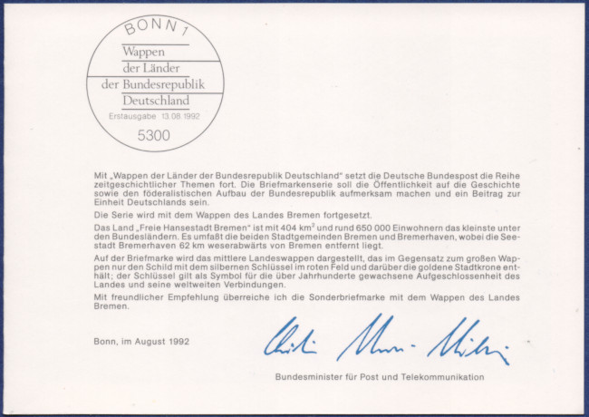 Unterschrift vom Postminister, Ausgabenanlaß und Bonner ESST.