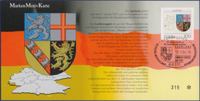 Saarland - MiNrm 1712 entwertet durch den Saarbrücker ESST auf einer Motivkarte.