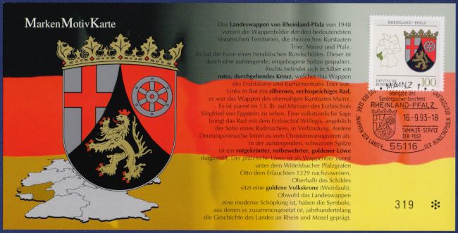Rheinland-Pfalz - MiNrm 1664 entwertet durch den Mainzer ESST auf einer Motivkarte.