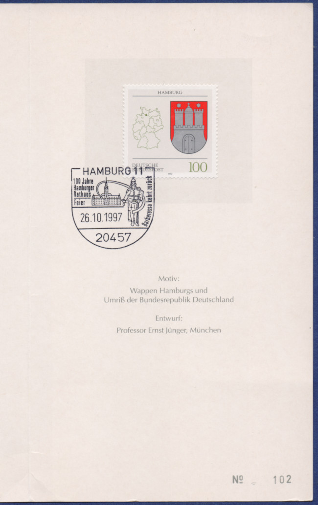MiNrm 1591 entwertet am 26.10.1997 durch den Sonderstempel 100 Jahre Hamburger Rathaus.