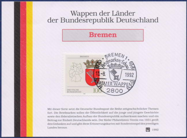 MiNrm 1590 entwertet durch den Bremer SST auf einer Erinnerungskarte.